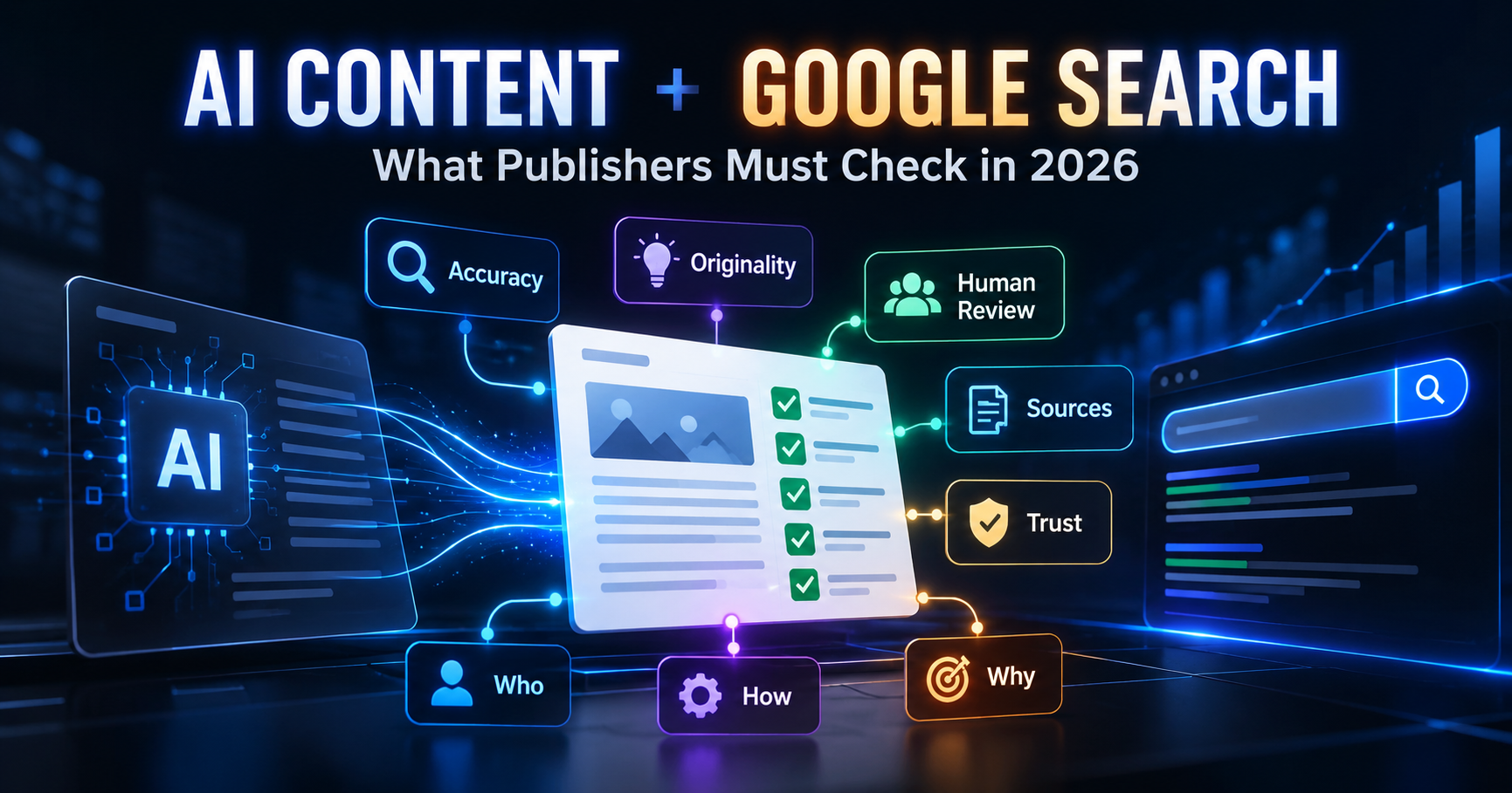 Google AI content guidelines showing accuracy, originality, human review, sources and trust checks