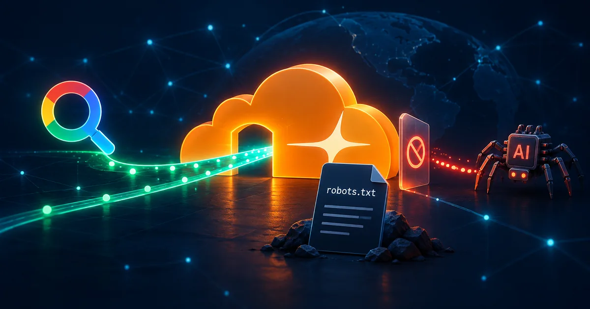 Cloudflare-style gateway allowing search traffic while restricting an AI crawler, with a robots.txt document.