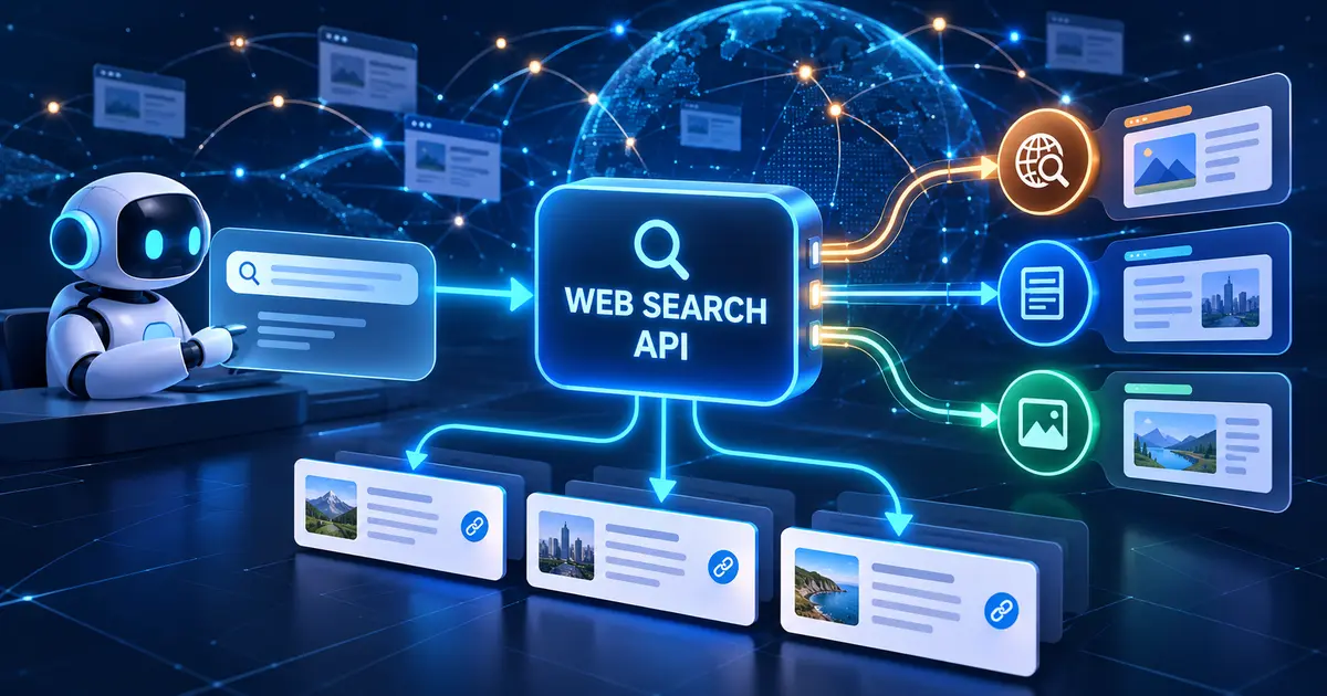 AI agent routing a live web query through a web search API gateway to source-linked results