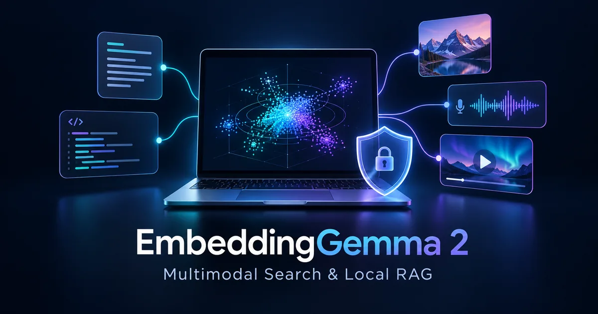 Illustration of EmbeddingGemma 2 connecting text, code, images, audio, and video to a private local search index