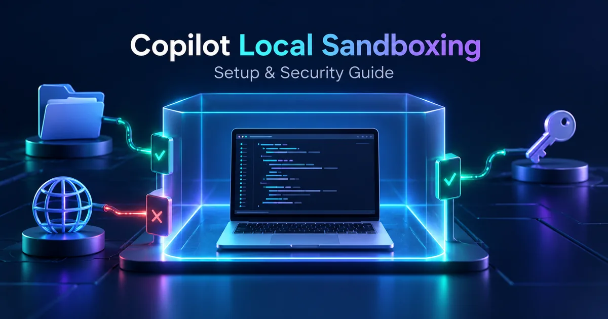 Illustration of a coding laptop inside a local sandbox with controlled file, network, and credential access