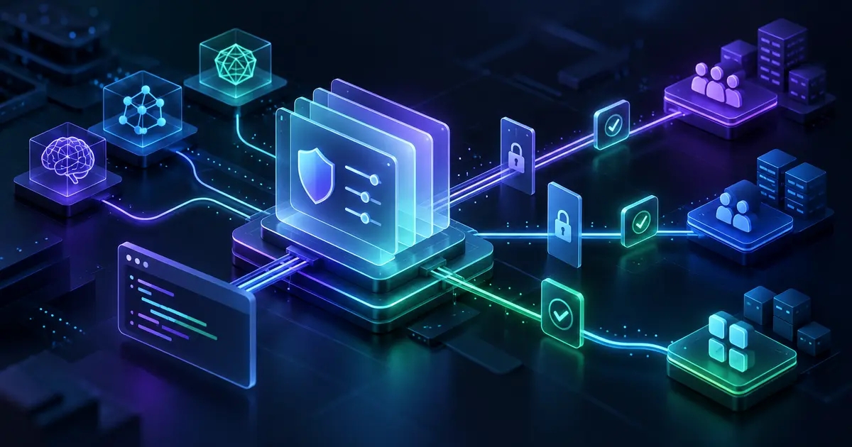 Abstract enterprise AI model governance control plane connecting policies to teams and apps