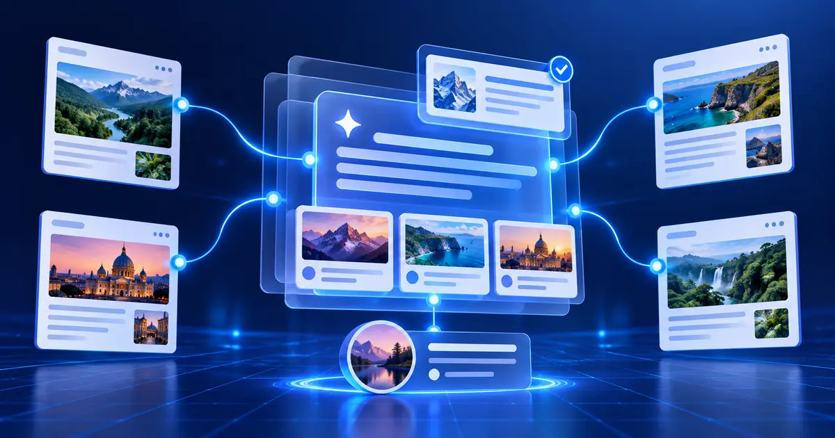 Editorial illustration of publisher pages connecting to an AI search answer through inline links and source panels