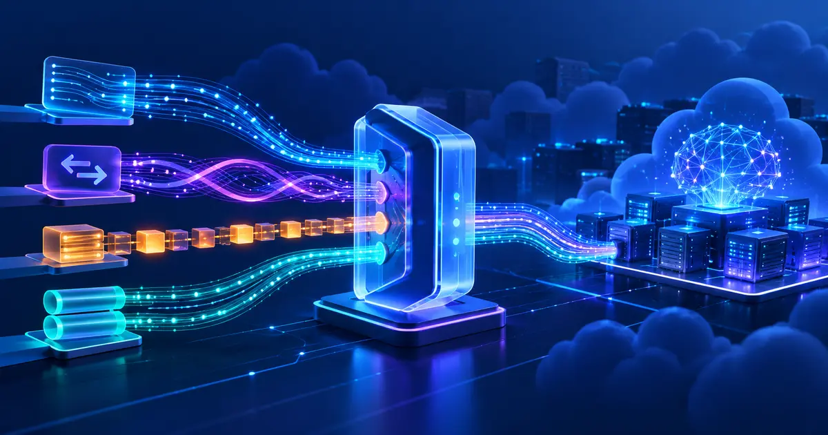 Illustration of multiple real-time API streams passing through a cloud gateway to an AI inference cluster