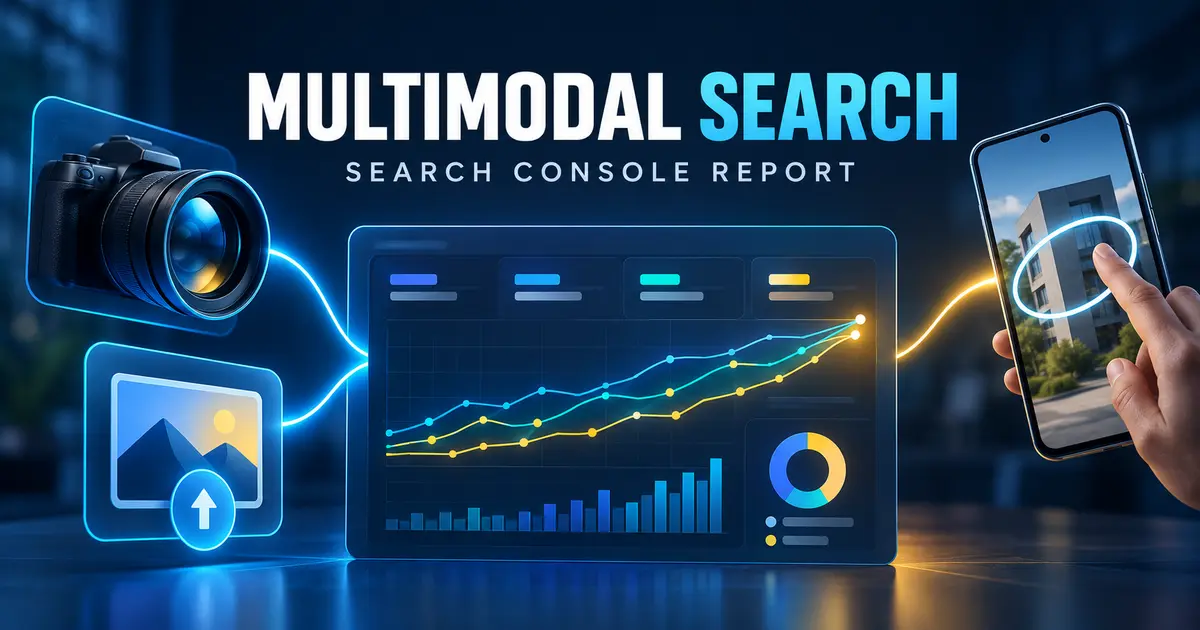Google Search Console multimodal report dashboard with camera, Lens, image upload and analytics symbols