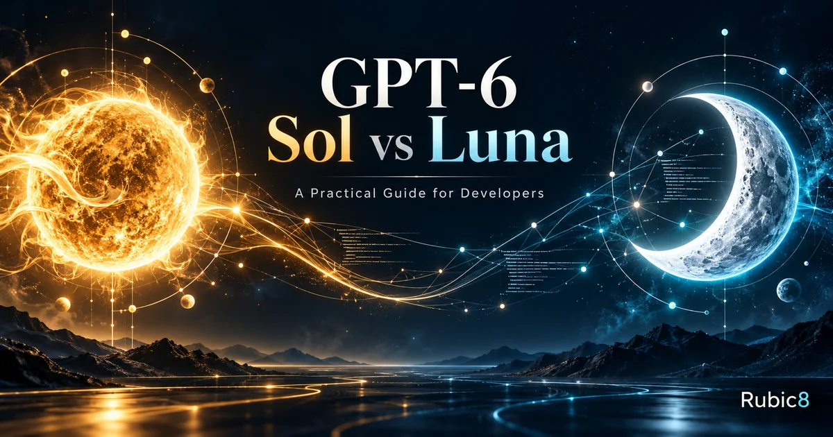 Golden sun and cyan crescent moon representing GPT-6 Sol and Luna on a dark developer-themed background