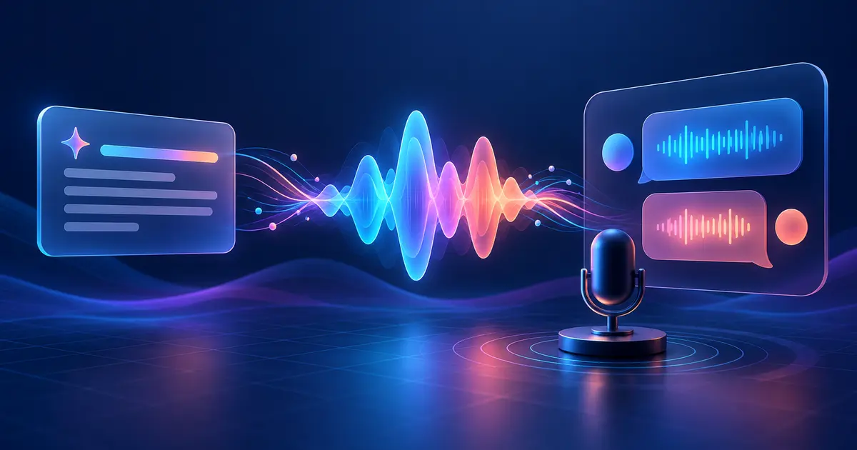 Abstract workflow transforming a text prompt into a voice waveform and live AI conversation