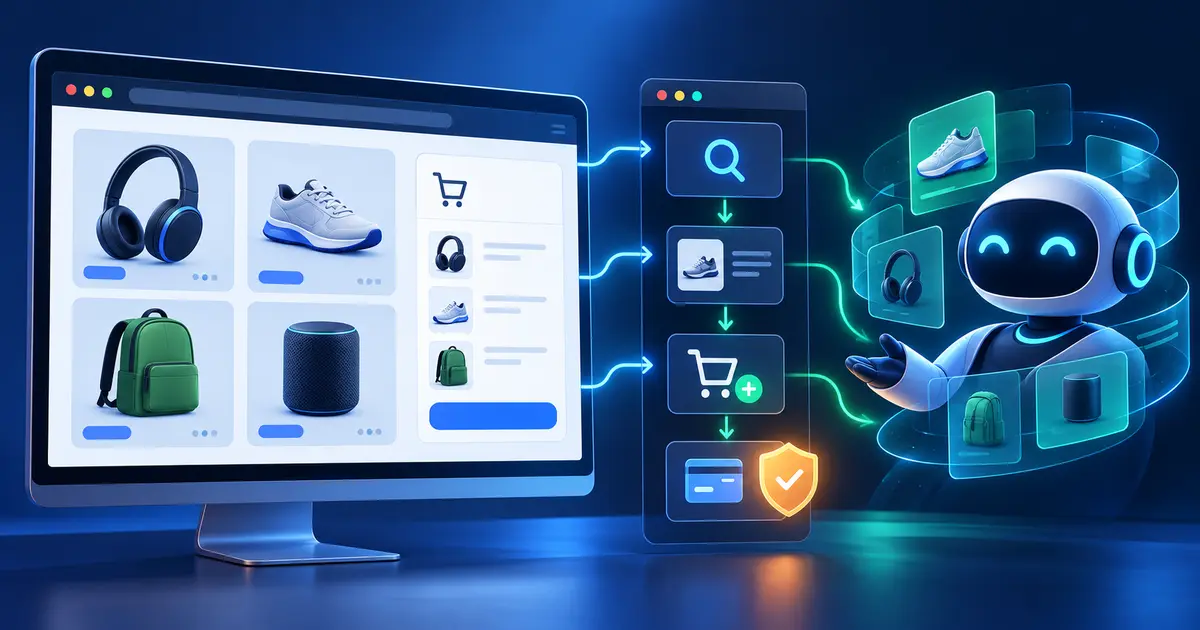 Illustration of an ecommerce storefront exposing structured WebMCP tools to a browser AI agent with checkout approval